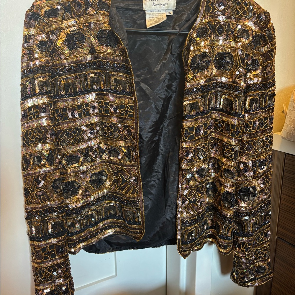 Papell Boutique Black and Gold Embellished Sequin Blazer